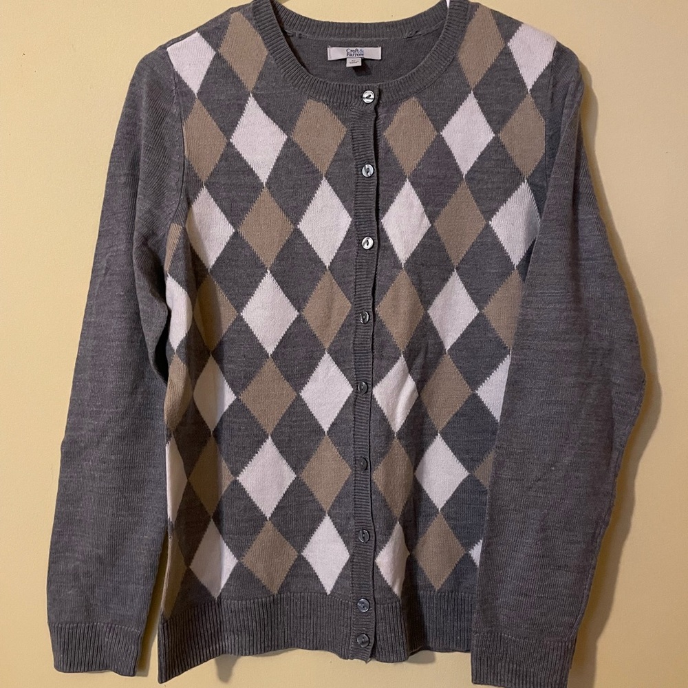 Croft & Barrow Gray and Brown Argyle Cardigan